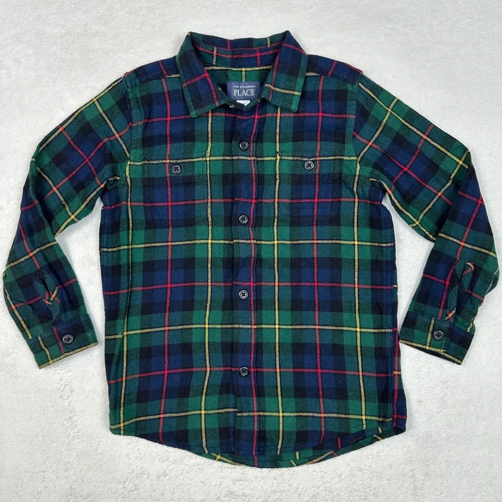 The Childrens Place Boys Plaid Flannel Shirt 5T and Black Skinny Jeans 6 Set